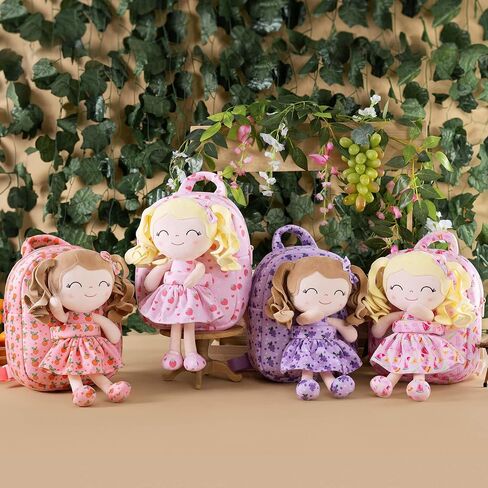 Gloveleya Toddler Backpack Baby Girl Gift Plush Bag Diaper Bag with Spring Girl Doll Curly Hair Girl Toys with Love Brown Purple 9 Inches in Saudi Arabia