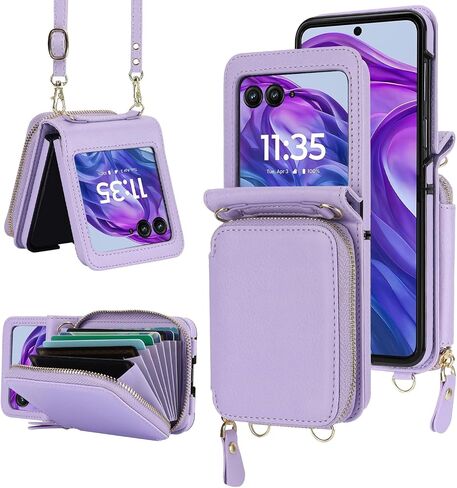 ل Motorola Razr 2024 محفظة مع حزام Crossbody ، [RFID حجب] فتحة فتحة بطاقة كبيرة من الجلد مع غطاء الوجه الصدمة حزام يدوي لموتو RAZR 50 2024 الأرجواني in Kuwait