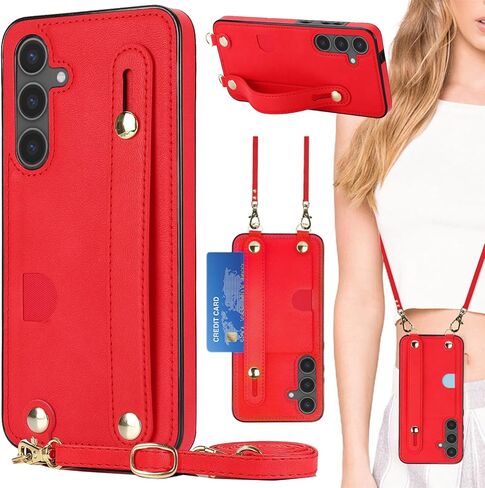 Crossbody Case for Samsung Galaxy S25 with Card Slot Holder for Women, Removable Adjustable Shoulder Strap Lanyard with Wristband Kickstand Phone Cover for Galaxy S25, WD Black in Saudi Arabia