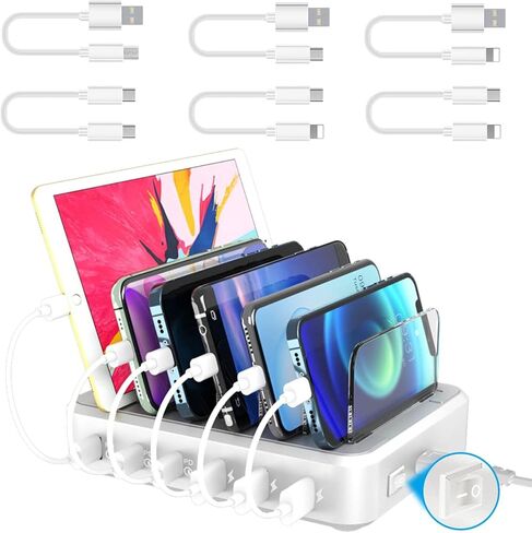 COSOOS PD USB-C Charging Station for iPhone 16 Pro, 81 W 6-Port USB Charging Station for Multiple Devices with 3 * 20W USB-C Charger & 6 Mixed Short Cables, Fast USB Charger Station,Silver White in Saudi Arabia