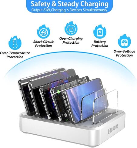 COSOOS PD USB-C Charging Station for iPhone 16 Pro, 81 W 6-Port USB Charging Station for Multiple Devices with 3 * 20W USB-C Charger & 6 Mixed Short Cables, Fast USB Charger Station,Silver White in Saudi Arabia