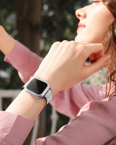 Stretchy Band and Bling Bumper Case Compatible with Apple Watch 40mm 38mm 41mm 42mm 44mm 45mm 46mm Women, Elastic Nylon Straps and Glitter Protective Frame for iWatch Series 10 9 8 7 6 5 4 3 2 1 SE in Kuwait