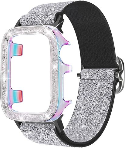 Stretchy Band and Bling Bumper Case Compatible with Apple Watch 40mm 38mm 41mm 42mm 44mm 45mm 46mm Women, Elastic Nylon Straps and Glitter Protective Frame for iWatch Series 10 9 8 7 6 5 4 3 2 1 SE in Kuwait