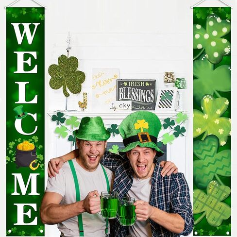 Mehofond Lucky St. Patrick's Day Porch Banner Sign ، Shamrock Clover Front Door Decorative Hanging Banner ، مرحبًا بكم لافتة معلقة في الحفلات في الفصل الدراسي. in Saudi Arabia