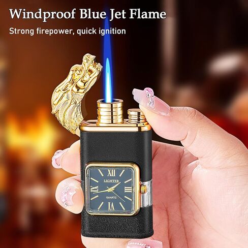 Lighter, Windproof Torch Lighter Jet Flame and Soft Flame, Cool Adjustable Lighter with Visible Fuel Window, Refillable Butane Lighter for Outdoor Indoor Men Women (Without Butane)-Black G in Kuwait