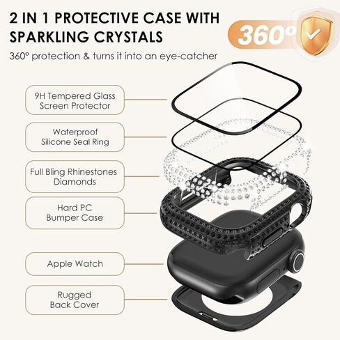 Wingle 2-in-1 Case Bling Case for Apple Watch Series 10 46 مم حامي الشاشة ، غطاء الوجه الواقي Diamond Apple Watch 10 46 ملم رينستون المصد من المصد الكريستالي ، المصباح ، النجوم. in Kuwait