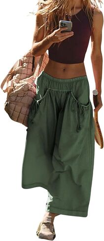 Hooever Women's Loose Wide Leg Track Pants Drawstring Pockets Elastic Waist Capri Hiking Pants in Saudi Arabia