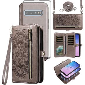 Asuwish Phone Case for Samsung Galaxy S10 Zipper Wallet Magnetic Detachable Cell Cover with Tempered Glass Screen Protector Crossbody Strap Flower Card Holder S 10 Edge 10S GS10 X10 Women Girls Purple