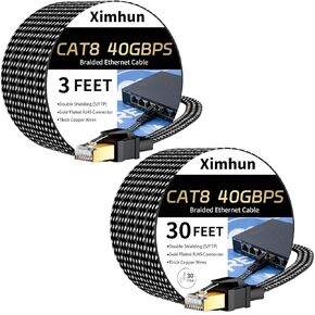 Cat 8 Ethernet Cable 3FT and 30FT, High-Speed Braided Internet Cable Network Cord with RJ45 Connector 40Gbps 2000Mhz Heavy Duty LAN Cable Shielded Indoor