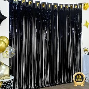 LOLStar 10 Pack Black Themed Party Decorations, 3.3x6.6 ft Foil Fringe Curtains, Tinsel Backdrop, Engagement Photo Booth Prop Streamer Backdrop for Graduation, Birthday New Year's Eve Countdown Party