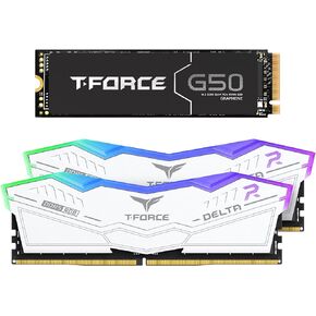TeamGroup T-Force Delta RGB DDR5 32GB KIT (2x16GB) 6000MHZ ذاكرة سطح المكتب (أبيض) FF4D532G6000HC30DC01 مع G50 2TB NVME PCIE Gen4 M.2 2280 Gaming SSD (Read 5000)