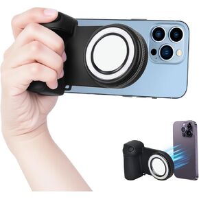 Selfie Phone Tripod Mount with Fill Light,4-in-1 Magnetic & Phone Clip Camera Grip Handle Holder with Detachable Remote Shutter with Cold Shoe Adapter for iPhone 15 16 Samsung Video Shooting