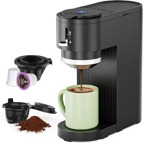 Single Serve Coffee Maker, Compatible with Capsule and Ground, 5 Brew Sizes Up to 14 Oz, Adjustable Funnel Height, Compact & Quick Brew, Easy to Clean, Ideal for Home/Office/Outside, Black