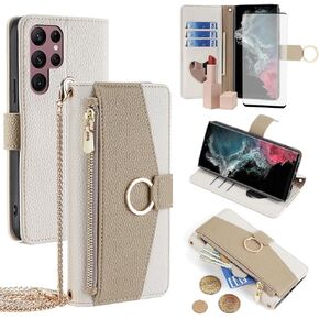 Asuwish Phone Case for Samsung Galaxy S22 Ultra 5G Wallet Cover with Screen Protector and Mirror Flip Cover Ring Credit Card Holder Crossbody Strap Stand Cell S22ultra 22S S 22 S22ultra5g 6.8 Gray
