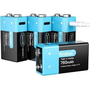 Kratax USB Rechargeable 9v Lithium Batteries 2 Pack Higher Quality 760mA / 6840mWh 9 Volt Li-ion Battery with 2H Quick Charge Cable, 1500 Cycles Long Lasting, for Smoke Detectors, Microphones