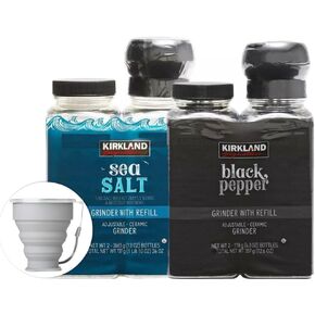 Kirkland Signature Black Pepper & Sea Salt Grinder & Refill SET Bundle with MORALZA Silicone Collapsible Cup 200ml - 3 Items