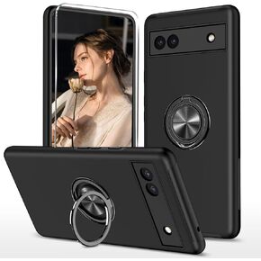 Kickstand Case for Google Pixel 6A,Military Shockproof Bumper Tough Armour Protective Phone Cover with 360° Rotate Magnetic Ring Stand,1*Screen Protector,Black
