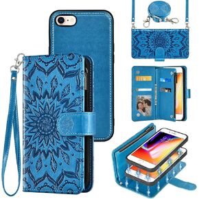 Phone Case for iPhone 7/8/SE 2020/2022 Zipper Wallet Magnetic Detachable Cell Cover with Screen Protector Crossbody Lanyard Strap Flip Card Holder Slot iPhone7 iPhone8 2/2nd/3/3rd SE2 SE3 Dark Green