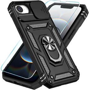 SunStory Compatible with iPhone 16e Case with HD Screen Protector & Slide Camera Cover & Rotated Ring Kickstand, [Military-Grade] Phone Case (Red, for iPhone 16e)