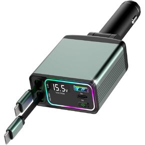 4-in-1 شاحن سيارة قابل للسحب ، نوع مزدوج من النوع C مع سلك 2.62 قدم ومنافذ USB المزدوجة ، محول الشحن السريع ، أساسيات الرحلة على الطريق وهدايا السفر لـ iPhone 16/15/14/13/12 ، iPad ، Galaxy ، Pixel