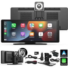 شاشة CarPlay المحمولة اللاسلكية للسيارة - 10.26in HD IPS Apple Carplay & Android Auto ، مع كاميرا 4K اندفاعة وكاميرا احتياطية وكاميرا Bluetooth Dashboard