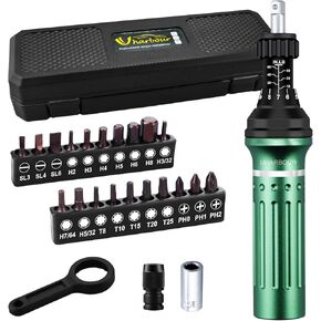 Torque Screwdriver 10-60 in.lb, Torque Screwdriver Set with 1/4" Elastic Bit Holder, 1/4" Bit Adapter, Flat, Hex, Torx and Philips Bits, Suitable for Gunsmithing, DIY, Bicycle Maintenance
