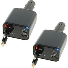 New 69W Car Fast Charger, 4-in-1 Retractable car Charger, USB C with Retractable Dual Cable and 2 USB Ports, Men's Gift, Car Charger Type C Adapter for iPhone 16/15/14/13/12 Galaxy/Pixel (2)