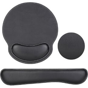 MOSISO Wrist Rest Support for Mouse Pad & Keyboard Set, Ergonomic PU Leather Keyboard and Mousepad with Wrist Rest&Coaster Non-Slip Base Home/Office Easy Typing Cushion with Raised Memory Foam, Brown