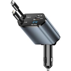 Retractable Car Charger, 4 in 1 Car Charger Adapter with Retractable Cables and Voltage DisplayWith USB/USB-C Ports Compatible with iPhone 16/15/14/13/12/11