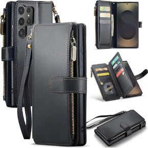 for Samsung Galaxy S25 Ultra 5G Wallet Case with Card Holder,Women Men RFID Blocking PU Leather Flip Cover Zipper Wrist Strap Kickstand Phone Case for Galaxy S 25 Ultra,Black