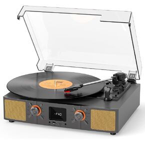 Vinyl Record Player, 3-Speed Bluetooth Turntable with Built-in Speakers, Belt-Driven LP Playback, FM Radio and Bluetooth Receiving, USB Recording and Auto-Stop, RCA Output/AUX Input, Headphone Jack
