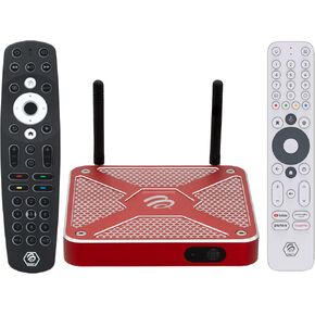 BuzzTV X5 SS Android 13 TV Box, 4GB DDR4 RAM, 128GB Storage, Scarlet Red Aluminum, Dual Voice-Controlled Remote, Wireless AX, USB-C, Global Power Adapters