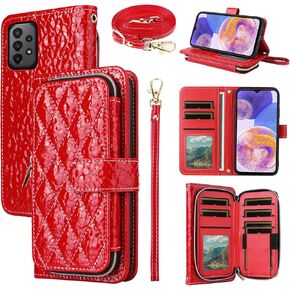Argyle Wallet Case for Samsung Galaxy A23 5G/4G with Crossbody/Wrist Strap Lanyard Luxury PU Leather Stand Zipper Purse Shockproof Card Holder Cell Phone Cover for A 23 23A 6.6 Women Men Black