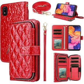 Argyle Wallet Case for Samsung Galaxy A10e with Crossbody/Wrist Strap Lanyard Luxury PU Leather Stand Zipper Purse Shockproof Card Holder Cell Phone Cover for A 10e 10ae S102DL Women Men Red