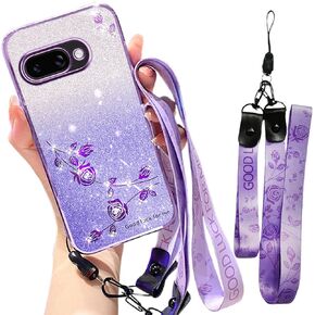 for Google Pixel 9A Case,Glitter with Crossbody Lanyard for Women, Bling Sparkle Flowers Floral Soft TPU Clear Cover with Shoulder Strap Wristband for Google Pixel 9A-YSS Pink