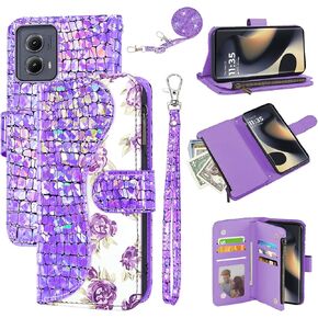 Floral Wallet Case for Motorola Edge 5G 2024 with Wrist Strap Shoulder Strap Flip Zipper Purse Card Holder,Stand Sparkly Glitter Bling Cell Phone Cover for Moto Edge2024 Women Girls Pink