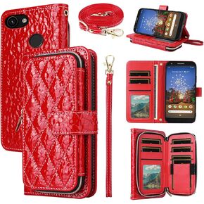 Argyle Wallet Case for Google Pixel 3a XL with Crossbody/Wrist Strap Lanyard Luxury PU Leather Zipper Purse Shockproof Card Holder Cell Phone Cover for Pixel3aXL Pixle 3aXL A3 Pixel3a LX Black