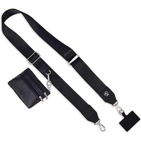 Phone Strap with Zipper Pouch, Hands-Free Clip and Go Strap for Phone with Wallet Crossbody, Adjustable Phone Strap Crossbody, Phone Strap with Wallet Compatible with Most Smartphones (Black）