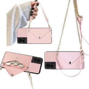 Crossbody Chain Phone Case For TCL K24 2024, TCL K24 T434 Phone Case with Gold Shoulder Strap Detachable Lanyard, Back Wallet Faux PU Leather Credit Card Slots Holder Purse TCL-k24 Cover -Pink