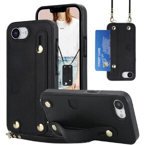 for iPhone 16e (2025) Crossbody Case with Card Slot Holder, Women Removable Adjustable Shoulder Strap Lanyard with Wristband Kickstand Cover for iPhone 16e, WD Black