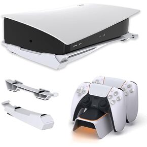 NexiGo PS5 Horizontal Stand with Controller Charger, [Minimalist Design], DualSense Charging Station with Thumb Grip Kit, Compatible with PlayStation 5 Disc & Digital Editions