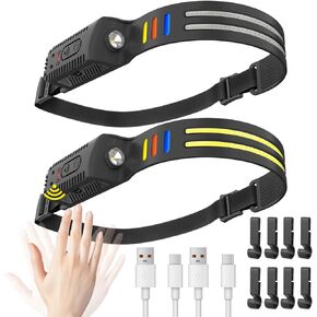 Headlamp Rechargeable 2pcs, 230° Wide Beam Head Lamp with Motion Sensor - Camping Essentials, Waterproof LED Head Light Flashlight for Hiking, Fishing, Biking, Working and Gift