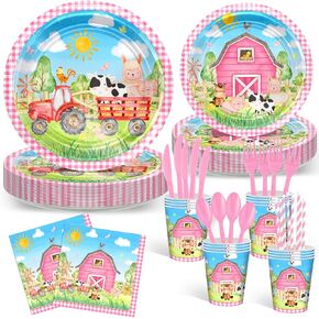 Avezano 192 Pcs Farm Birthday Party Supplies Tableware Pink Farm Animal Baby Shower Party Decor Include Dinner Plates Napkins Cups Dinnerware, Farm Barnyard Theme Party Favors Serves 24
