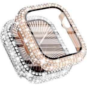 Wingle 2 Pack for Apple Watch Series 10 Case 46mm Screen Protector, 300 Crystal Diamonds Overall Protective Case Face Cover iWatch 10 46 mm Bling Bumper Tempered Glass Screen Protector, Pink/Clear