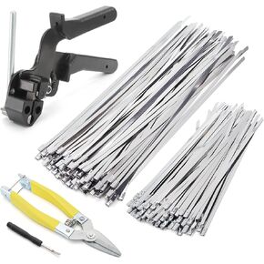 Kingrol Heavy-Duty Stainless Steel Cable Tie Gun Kit with 200 Metal Zip Ties, Industrial Scissors, Adjustable Fastening and Cutting Tool for Fencing, Exhaust Pipes, and Outdoor Applications