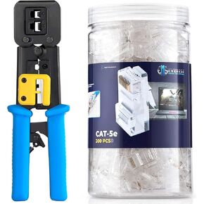 Bundle – 2 items: RJ45 Crimp Tool + 200 Pack of Cat5e Pass Through Connectors.