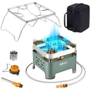 Portable Propane Camping Stove 5 Burners with Folding Cast Iron Camping Campfire Grill Pot Rack Carrying Case