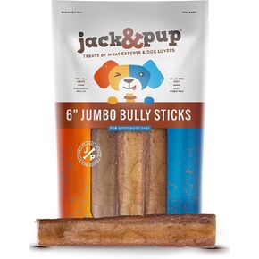 Jack&Pup 6" Bully Sticks for Dogs | Jumbo Odor Free Bully Sticks for Large Dogs | All Natural Beef Pizzle Sticks (Jumbo, 24 Pack)