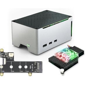ElectroCookie Raspberry Pi 5 Case, Aluminum Compact Case with M.2 NVMe SSD PCIe HAT and Active RGB Lighting Cooler (Black Case + M.2 HAT[X1001])