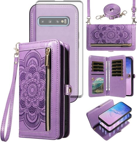Asuwish Phone Case for Samsung Galaxy S10 Zipper Wallet Magnetic Detachable Cell Cover with Tempered Glass Screen Protector Crossbody Strap Flower Card Holder S 10 Edge 10S GS10 X10 Women Girls Purple in Kuwait